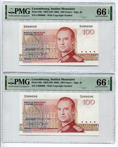 【评级钞 好号 PMG66EPQ】1993年 卢森堡100法郎纸币 P-58b