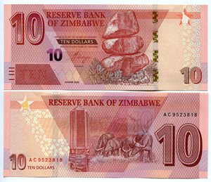 非洲 2020年 津巴布韦10元纸币 半塑料钞 全新UNC 动物水牛 P-103