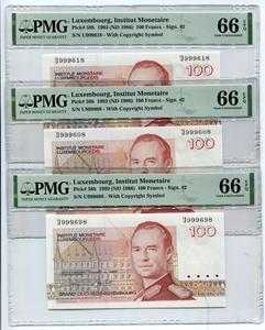 【评级钞 好号无47尾8 PMG66EPQ】1993年 卢森堡100法郎纸币P-58b