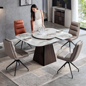 岩板伸缩饭桌电磁炉小户型家用轻奢正方形带转盘可折叠餐桌椅实木