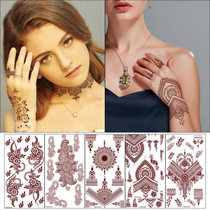 印度褐色蕾丝纹身贴手指手背汉海娜女复古锁骨水转贴纸棕色曼陀罗