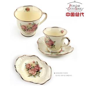 韩国进口高档陶瓷咖啡杯套装QueenRose 女皇金手工制作陶瓷杯带勺