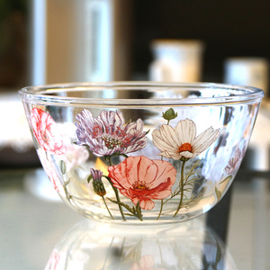 新款花色加厚耐高温玻璃碗汤面碗凉拌沙拉碗可微波蒸煮带花水果盆