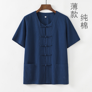 夏季中国风男装薄款纯棉短袖中式复古汉服半袖对襟衬衫盘扣上衣