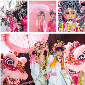 国潮新款婚纱摄影道具眼镜影楼粉色羽毛伞中国风美人计旅拍照扇子