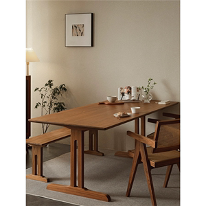 日式侘寂风实木餐桌柚木长方形家用复古长桌设计师工作台客厅书桌