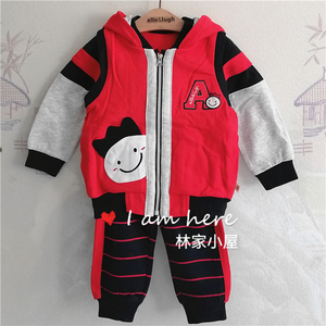 韩版阿路儿童装男童宝宝春秋款红色连帽外套拉链衫长裤子两件套装