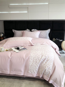 轻奢风100支长绒棉四件套全棉纯棉贡缎粉色豹纹被套床单床上用品