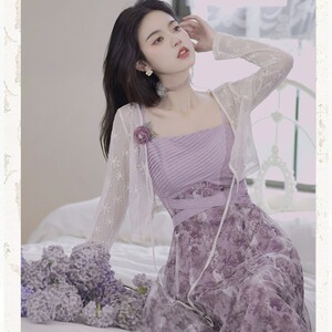 今年流行紫色连衣裙套装女夏仙女茶歇裙温柔风蕾丝吊带开衫两件套