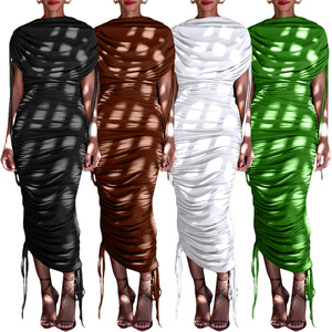 BN294 外贸欧美女装 独立站新品 纯色 皱褶抽绳拉链不规则连衣裙