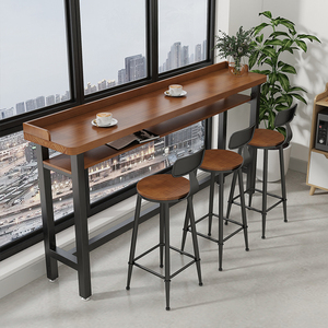 简约实木吧台桌家用双层靠窗靠墙窄桌长条桌高低脚长桌子高脚桌椅