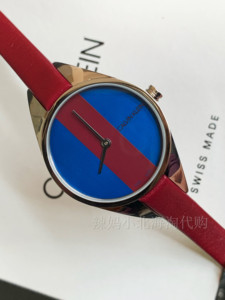 现货美国Calvin Klein CK蓝色接拼枣红色皮带女士简约风石英手表