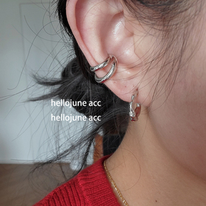 hellojune实心925银耳钉女双层大小圆镂空耳骨夹设计款气质耳蜗夹