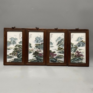 中式木框粉彩山水瓷板画挂屏江南胜景唐诗写意装饰四条屏陶瓷画