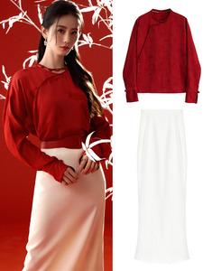 刘诗诗同款新中式国风高级感暗纹红色衬衫上衣白色半身裙套装女春