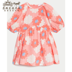 英国M&S玛莎代购女童女婴24新款 粉色花朵纯棉短袖圆领连衣裙裙子