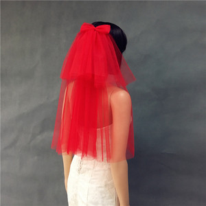 2019新款红色多层仙美公主新娘婚纱红色短款可爱蝴蝶结头纱带发梳