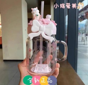 【全新正品】星巴克水杯萌猫玻璃吸管杯大容量咖啡杯情人节礼物