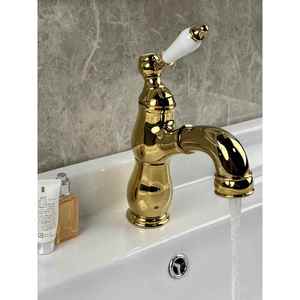 法式复古抽拉式水龙头全铜面盆洗手龙头浴室金色陶瓷把手冷热水头