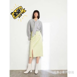 全新Lily 修身ol职业风麂皮绒芥末黄绿色半身裙