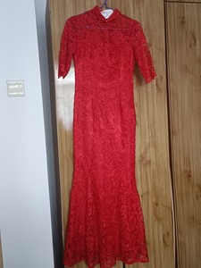 红色蕾丝旗袍连衣裙鱼尾新娘敬酒服改良日常新中式女士长裙，超级