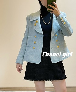 Chanel vintage天真蓝毛呢双排金扣外套