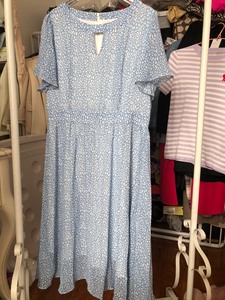 女士夏季雪纺连衣裙，实物是很好看的天蓝色，袖子稍荷叶袖有裙衬