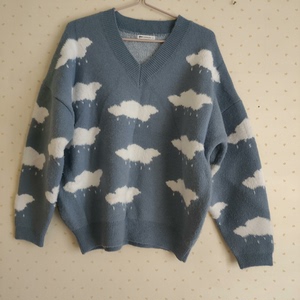 mj品牌针织加厚女士V领毛衣，170/88A，宽松版，雾霾蓝