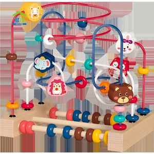儿童木制丘比特水果动物三线绕珠多功能益智积木串珠动脑训练玩具