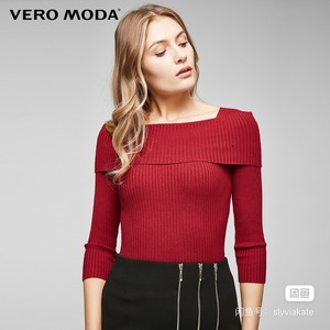 Vero Moda翻领毛衣一字肩七分袖修身针织衫过年大衣大红