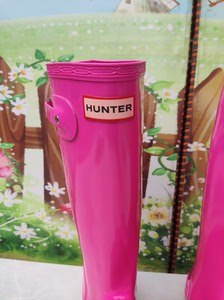 Hunter惠灵顿款女款大童玫红色亮面亨特猎人雨靴雨鞋水鞋胶