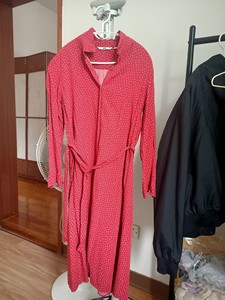 优衣库红色波点连衣裙，可当裙子也可以当衬衫。穿上的肤感很舒服