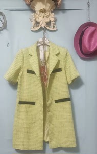 嫩黄色小香风拼色小众设计感短袖编织新款法式轻奢开衫中长款上衣