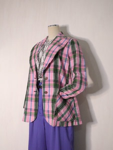 东京中古Vintage粉色格纹西装外套 窄肩小码
