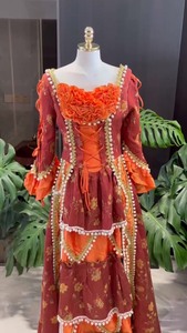 橙色法式宫廷风大长款重工洛丽塔长裙，麻料的很厚重春秋穿，很长