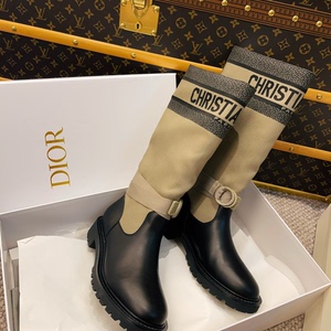 Dior专柜正品经典款字母长筒休闲鞋靴子帆布皮革拼接厚底骑士