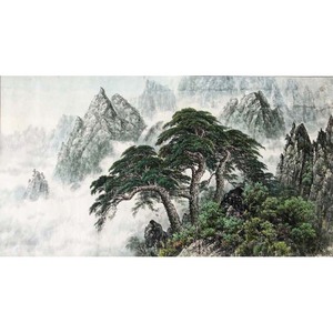 长两米1996年朝鲜国画风景画一级画家李昌国手绘《金刚山的松树》