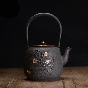 日本铁壶 龟寿堂金银腊梅铁壶 原装进口纯手工无涂层铸铁壶铁茶壶