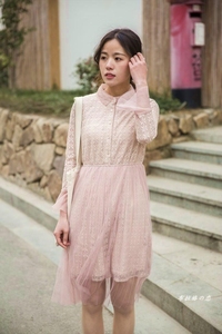 甜美韩版超仙系扣喇叭袖粉色雪纺连衣裙长裙礼服