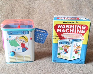 日本发昭和1960年洗衣机老铁皮玩具发条古董玩具