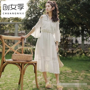 【创女季】2023夏季新款仙女裙白色雪纺连衣裙漏肩裙子温柔风