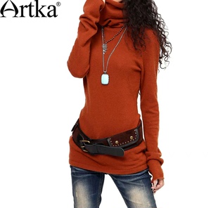 Artka阿卡冬装新款高领卷边袖修身100%纯山羊绒衫毛衣，