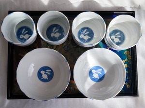 茶杯日本瓷器 林九郎 兔子杯 青花手绘