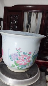 民国醴陵老瓷，釉下彩手绘孔雀开屏花卉花盆，品相尺寸大小细节看