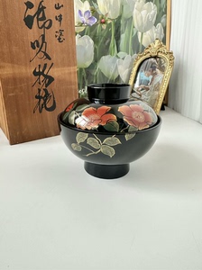 日本vintage中古 金莳绘漆器盖碗 大漆饭碗 花卉大漆盖