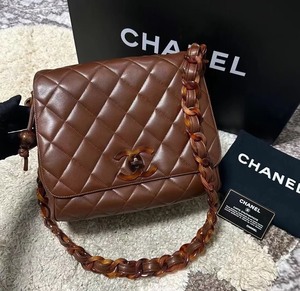 Vintage中古Chanel玳瑁色链条棕色羊皮斜挎包