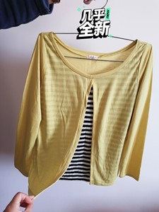 春夏季黄色拼接黑白条纹假两件T恤长袖上衣、浅黄色七分袖V领薄