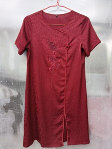 二手女士真丝旗袍XL夏薄款式新款女装红连衣裙洋装礼服,本品缺