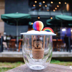 星巴克杯子2019情人节礼物彩虹热气球玻璃杯小熊茶漏气球杯盖
