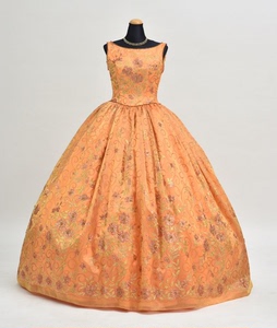 Vintage古着婚纱吊带亮片橘粉色古董礼服